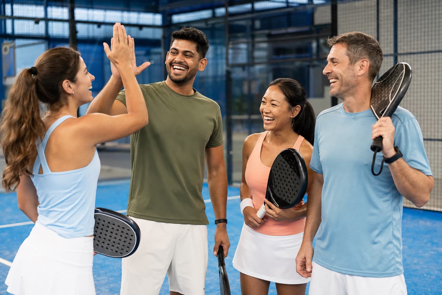 Gruppo di giocatrici e giocatori di padel che festeggiano dopo una partita